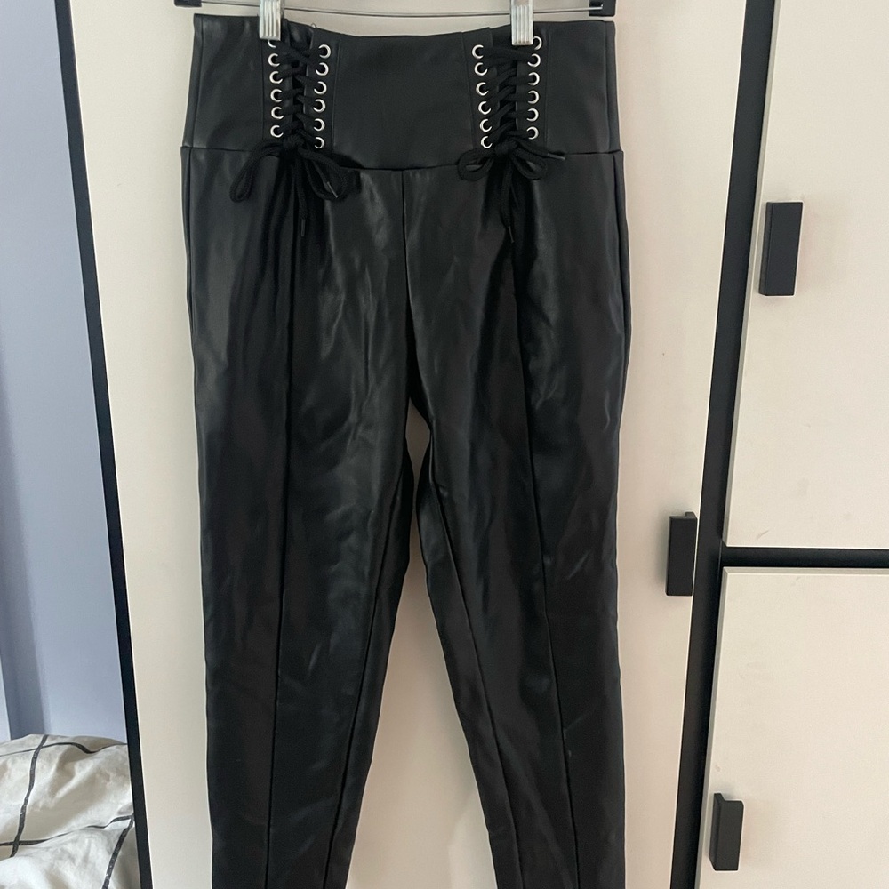 Black Faux Leather Lace Up Pants